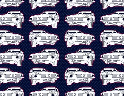 Muscle car vector set collage with white car and blue metal geometric pattern Stock Illustration
