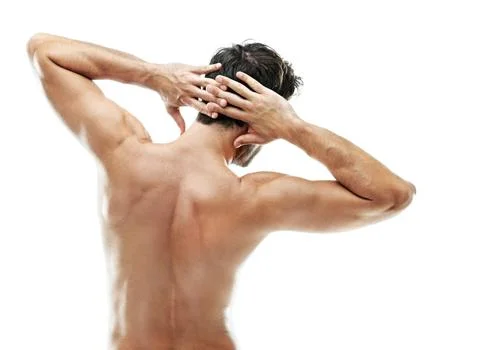 Muscle, flex and back of man in studio and topless for fitness, bodybuilder prog Stock Photos