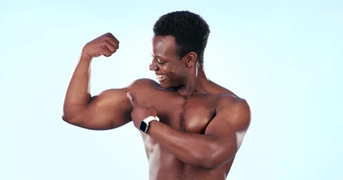 Muscle, flex and black man in studio for fitness, bodybuilder training and Stock Footage 252133809