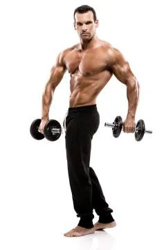 Muscle man in studio lifting weights, isolated over a white background Stock Photos