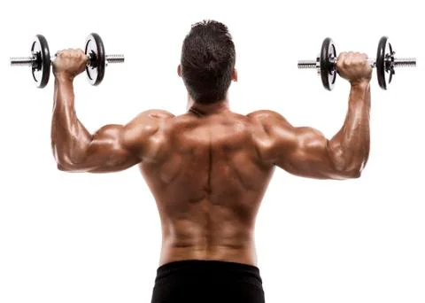 Muscle man in studio lifting weights, isolated over a white background Stock Photos