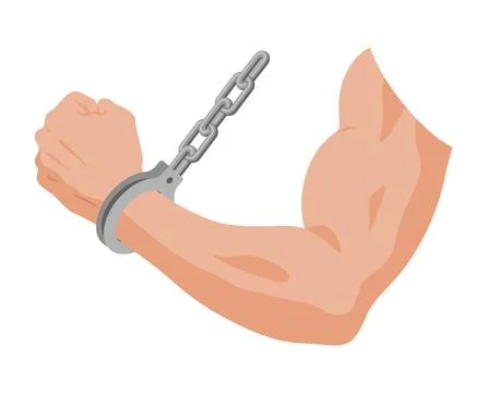 Muscular arm breaking chain cuff closeup of shattered metal links motion Stock-Illustration