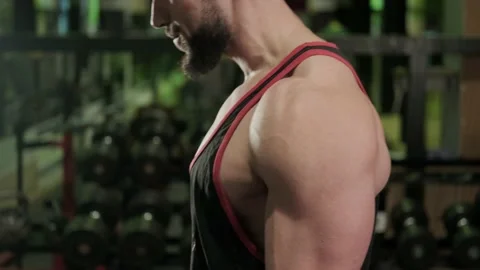 A muscular athlete does a bicep exercise with dumbbells. Sports Stock Footage 234629669