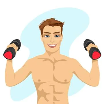 Muscular bodybuilder guy doing exercises with dumbbells Stock Illustration