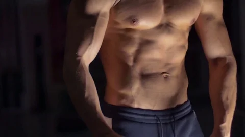 Muscular bodybuilder handsome men doing exercises in gym naked torso Stock Footage 72001600