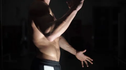 Muscular bodybuilder handsome men doing exercises in gym naked torso Stock Footage 72001658