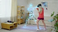Muscular Fighter In Vr Goggles Boxing With Holographic Opponent Stock Footage