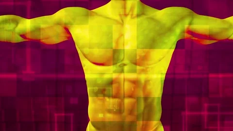 Muscular human torso with abstract digital technology background Stock Footage 340356023