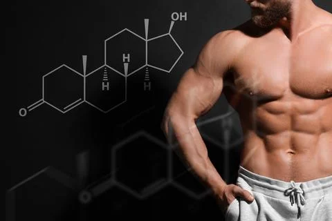 Muscular man and structural formula of testosterone on black background, cl.. Stock Photos