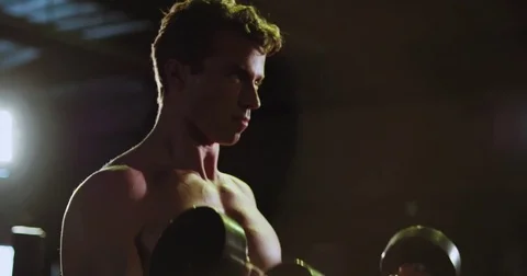 Muscular man does bicep curls with dumbbells Stock Footage 83182430