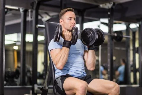 Muscular man doing exercise with dumbbell at the gym. Stock Photos