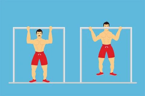 Muscular man doing pull-up exercise to gain strength concept. Bodybuilder wit Stock Illustration