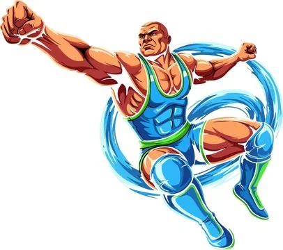 Muscular man leaps forward with determination in a blue and green sports outf Stock Illustration