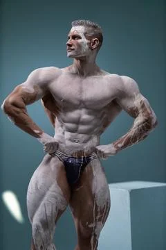 Muscular man with perfect abs posing at studio Stock-Illustration