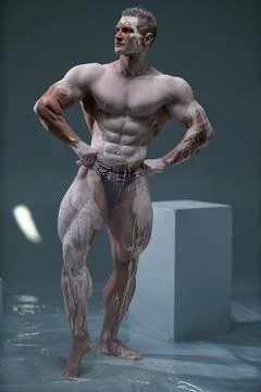 Muscular man with perfect abs posing at studio Stock-Illustration