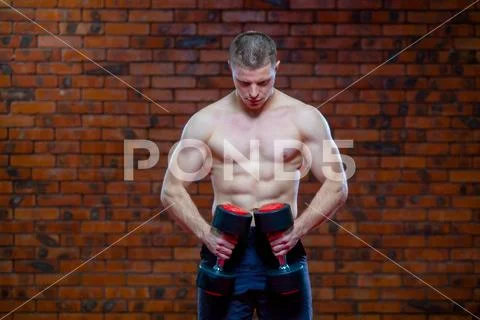 Muscular man working doing exercises with dumbbells, strong male naked torso abs Stock Photos