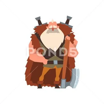 Muscular viking warrior character in animal skin cape with huge axe vector Stock Illustration