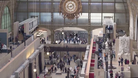 Musee d Orsay Full Hall View With Giant Clock Glass Ceiling And Sculptures Stock Footage 339661690