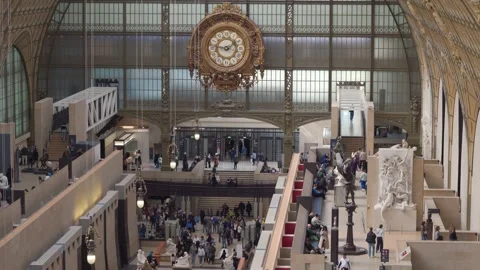 Musee d Orsay Grand Hall With Clock And Visitor Crowd From Upper Level, High Stock Footage 336525354