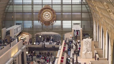 Musee d Orsay Main Hall With Giant Clock And Visitors From High Angle, High Stock Footage 336475666