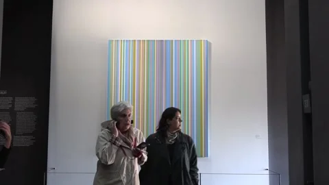 Musée d'Orsay explores Bridget Riley's origins in dialogue with Seurat's pointil Stock Footage 319335540