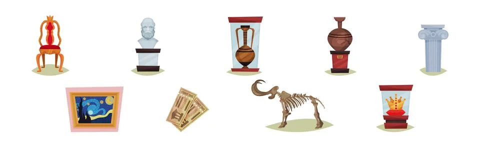 Museum Ancient Artifacts and Archaeological Exhibit Elements Vector Set Illustrazione stock