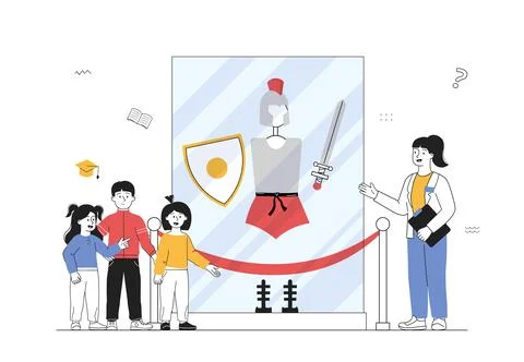 Museum of ancient costumes. Guide shows girls and boys armor of Roman and Greek Stock Illustration