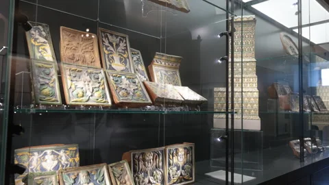 Museum ancient pottery and tiles exhibits in Museum in Palace of Grand Dukes in Stock Footage 344835166