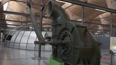 Museum belt machine mill metal old iron rivet agriculture history retro vint Stock Footage 344111113