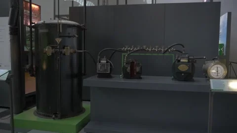 Museum boiler machine old metal iron pressure gauge valve history retro Stock Footage 344111133