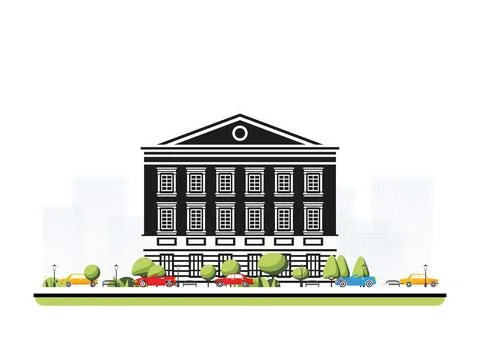 Museum building in flat style with trees and cars. Vector illustration. Cit.. 스톡 일러스트