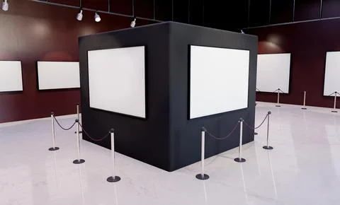 Museum column with mockups of frames with illuminating spotlights Fotos Stock