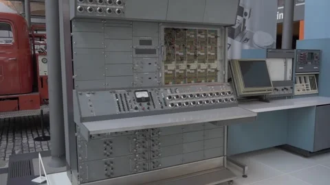 Museum computer machine old retro vintage science switches gauge Stock Footage 344272999