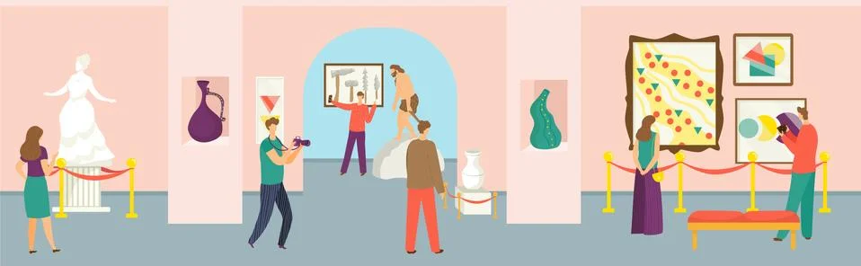 Museum concept, vector illustration. Flat people man woman character at art Stock-Illustration