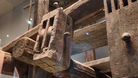 Museum Construction Pulley - Vintage Tools Display. Video stock 330198795