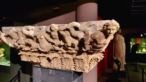 The Museum contains statues, tombs, columns and stone carvings from the Hellenis Stock Footage 290790567