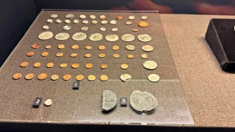 Museum display case featuring numbered rows of medieval silver and copper coins Stock Footage 326327676