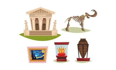 Museum Exhibit Items Isolated On White Background Vector Set Stock Illustration