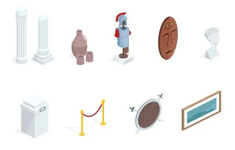 Museum exhibition isometric exhibits Stock Illustration