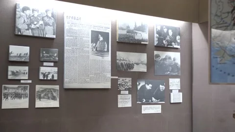 Museum exposition photos, portraits, documents, gifts of the Stalin Museum 스톡 동영상 232398505