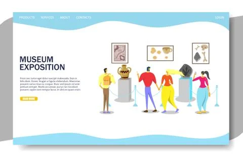 Museum exposition vector website landing page design template Stock Illustration