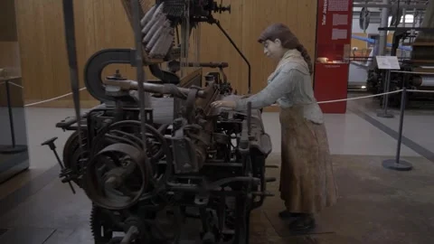 Museum factory industry machine textile woman statue old retro vintage Stock Footage 344111175