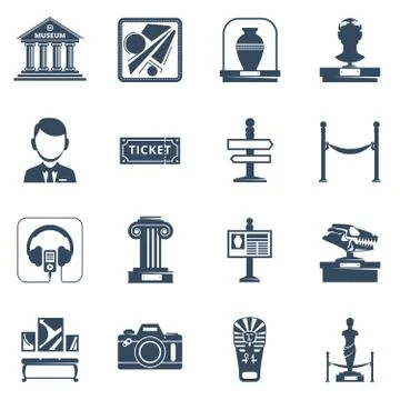 Museum Flat Black Icon Set Stock Illustration