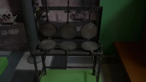 Museum grill griddle metal old iron industry black retro vintage Stock Footage 344273005