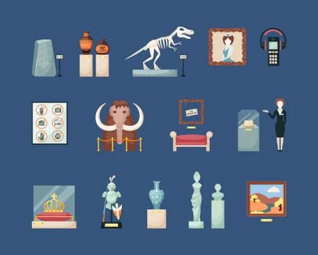 Museum historical large set. Guide with an ancient book antique roman statues Stock Illustration