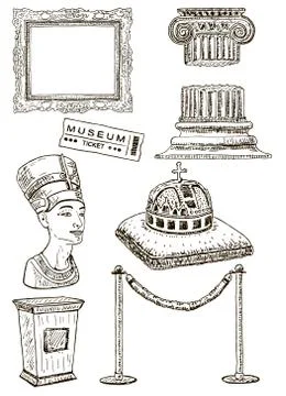Museum icon set, vector ink hand drawn illustration Stock Illustration