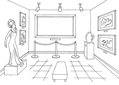 Museum interior graphic empty blank picture frame sketch illustration vector Stock Illustration