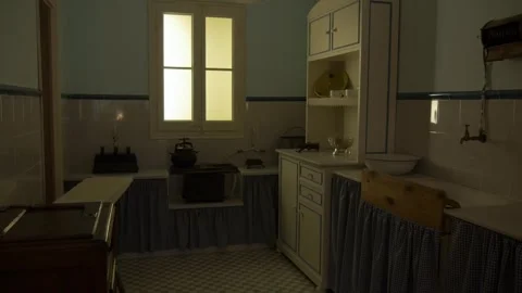 Museum kitchen sink old dark food tiles history window retro vintage Stock Footage 344111213