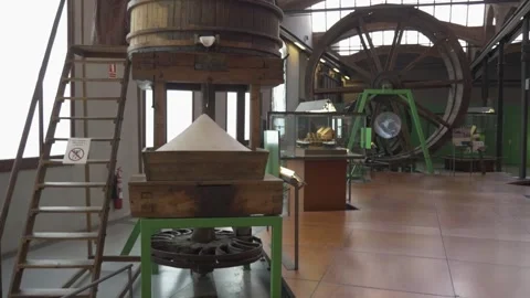 Museum machine mill worker grain statue agriculture history retro vintage Stock Footage 344111246