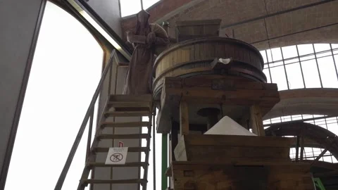 Museum machine mill worker grain statue agriculture low angle retro wood Stock Footage 344273027